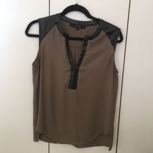 Olive green blouse with faux leather trim